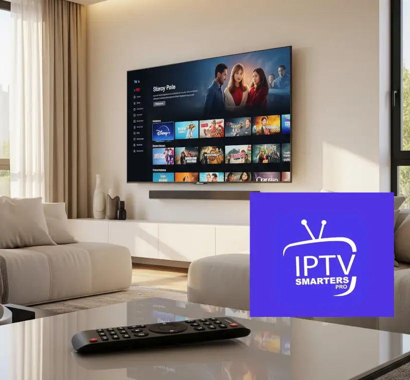 Smart TV en una sala de estar mostrando una aplicación de streaming.